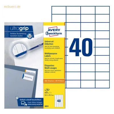 Avery 3657, Weiß, Rechteck, Dauerhaft, 48.5 x 25.4 mm, A4, Papier