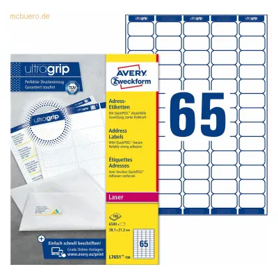 Avery L7651-100, Weiß, Papier, 38.1 x 21.2 mm, 6500 Stück(e), 100 Blätter, A4