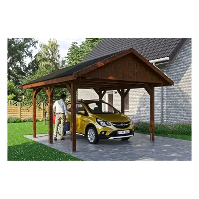 Skan Holz Wallgau - Satteldach Einzelcarport Breite 430 cm Gr. 0,5 - 430 x 500 cm Dachschalung mit Dachschindeln (schwarz) nussb