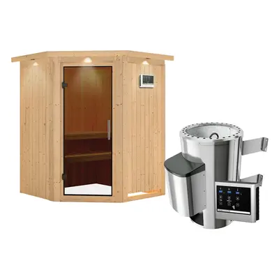 Karibu Sauna Nanja - 68 mm Systemsauna - 230 Volt Plug & Play-3,6 kW Plug&Play Ofen mit ext. Steuerung Easy-Inkl. Dachkranz-Ganz