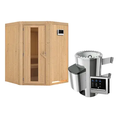 Karibu Sauna Nanja - 68 mm Systemsauna - 230 Volt Plug & Play-3,6 kW Plug&Play Ofen mit ext. Steuerung Easy-Ohne Dachkranz- Ener