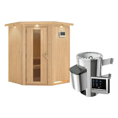 Karibu Sauna Nanja - 68 mm Systemsauna - 230 Volt Plug & Play-3,6 kW Plug&Play Ofen mit ext. Steuerung Easy-Inkl. Dachkranz- Ene
