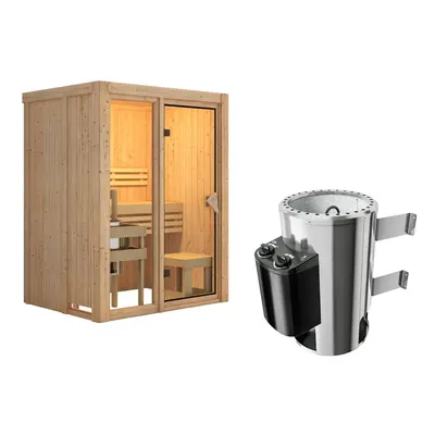 Karibu Sauna Avari 1 Superior mit Fronteinstieg 68 mm - 230 Volt Plug & Play Ohne Dachkranz 3,6 kW Plug&Play Ofen mit integriert