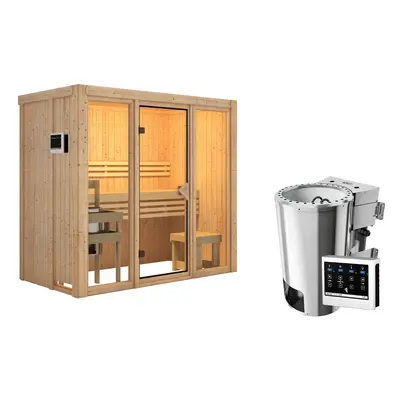 Karibu Sauna Avari 2 Superior mit Fronteinstieg 68 mm - 230 Volt Plug & Play Ohne Dachkranz 3,6 kW Plug&Play Bio-Kombiofen exter