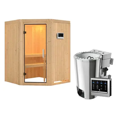 Karibu Sauna Nanja - 68 mm Systemsauna - 230 Volt Plug & Play-3,6kW Plug&Play Bio-Kombiofen externer Steuerung Easy-Ohne Dachkra