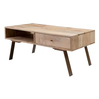 FineBuy Couchtisch Mango Massivholz rechteckig 95cm · Wohnzimmertisch mit Schublade & Ablagefach · Landhausstil Massivholztisch 