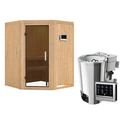 Karibu Sauna Nanja - 68 mm Systemsauna - 230 Volt Plug & Play-3,6kW Plug&Play Bio-Kombiofen externer Steuerung Easy-Ohne Dachkra