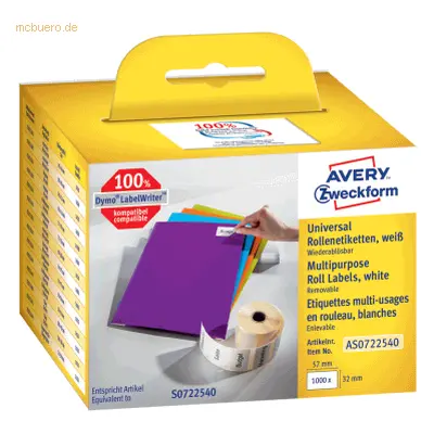 Avery AS0722540, Weiß, Rechteck, Entfernbar, 32 x 57 mm, Rolle, Papier