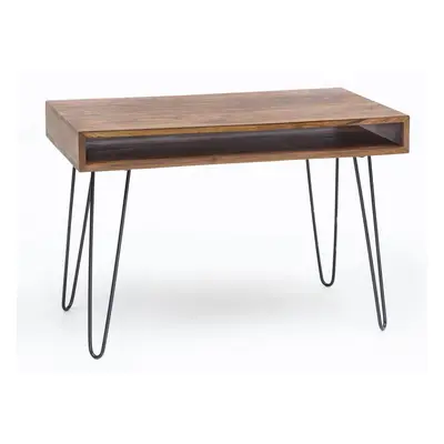 Massiver Schreibtisch HARLEM Sheesham Massiv Holz 110 x 60 x 76 cm mit Ablage, Computertisch Massivholz mit Metall Beinen, Desig
