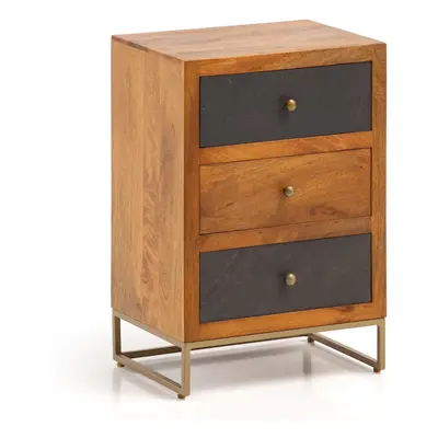FineBuy Nachttisch aus Mango Massivholz mit Fronten in Steinoptik und 3 Schubladen – Design Nachtkonsole, Nachtschrank für Boxsp