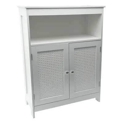FineBuy Standregal Weiß 80cm – Stauraumregal 2 Schranktüren im Rattan Design & Ablage – schmales Wohnregal Flur & Wohnzimmer – K