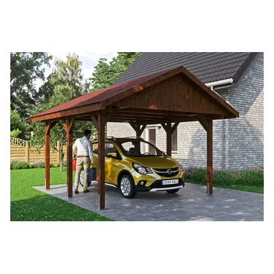 Skan Holz Wallgau - Satteldach Einzelcarport Breite 430 cm Gr. 0,5 - 430 x 500 cm Dachschalung mit Dachschindeln (rot) nussbaum 
