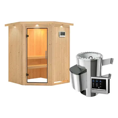 Karibu Sauna Nanja - 68 mm Systemsauna - 230 Volt Plug & Play-3,6 kW Plug&Play Ofen mit ext. Steuerung Easy-Inkl. Dachkranz-Klar