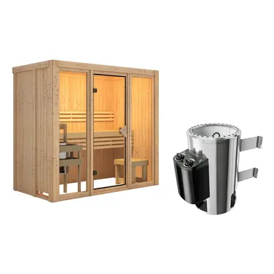 Karibu Sauna Avari 2 Superior mit Fronteinstieg 68 mm - 230 Volt Plug & Play Ohne Dachkranz 3,6 kW Plug&Play Ofen mit integriert