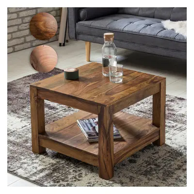 FineBuy Couchtisch Massivholz 60x60 cm · Quadratischer Wohnzimmertisch mit Ablage · Handgefertigter Echtholztisch im natürlichen