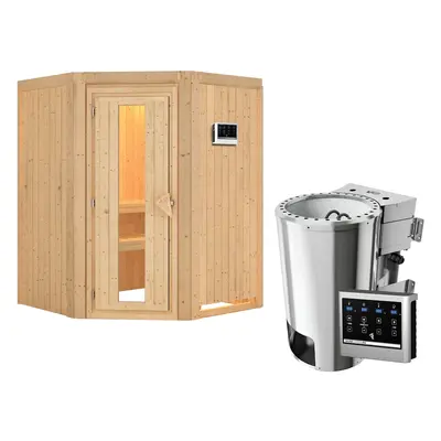 Karibu Sauna Nanja - 68 mm Systemsauna - 230 Volt Plug & Play-3,6kW Plug&Play Bio-Kombiofen externer Steuerung Easy-Ohne Dachkra