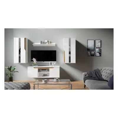 Mediawand Wohnwand 4 tlg DALLAS Weiss Hochglanz / Eiche