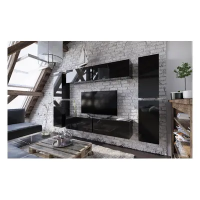 Mediawand Wohnwand 8 tlg - NEXI XL 2 - Schwarz Hochglanz