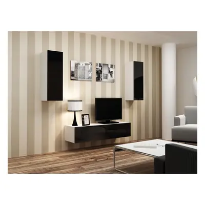 Mediawand Wohnwand 3 tlg - SENTIC 19 - Weiss / Schwarz Hochglanz