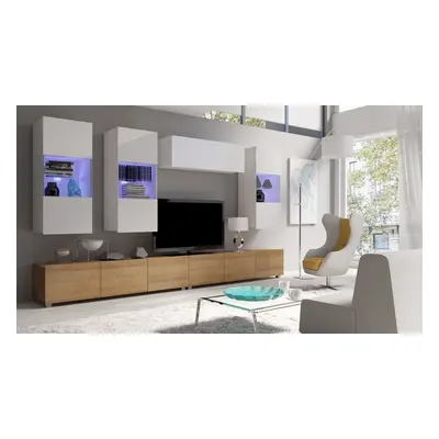 Mediawand Wohnwand 6 tlg - LABRI 5 - Sonoma / Weiss Hochglanz