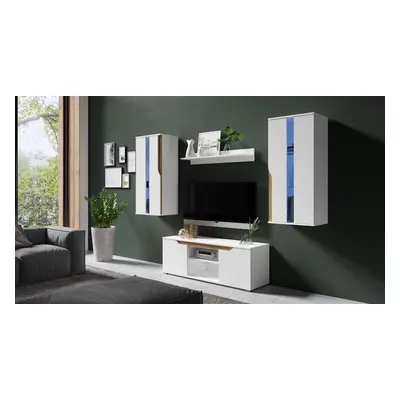 Mediawand Wohnwand 4 tlg DALLAS Weiss Hochglanz / Eiche