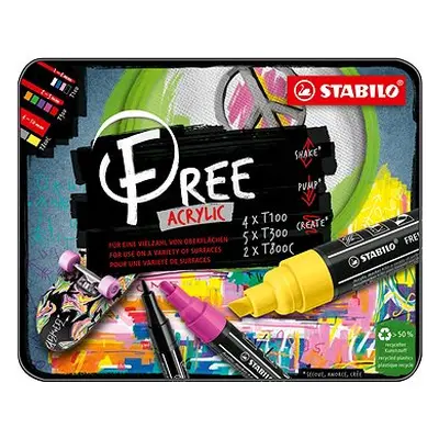 STABILO FREE Acrylic Basis-Set - Packung mit Farben - mit verschiedenen Spitzen 4x T100, 5x T300