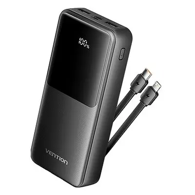 Vention 20000mAh Power Bank with Integrated USB-C and Lightning Cables 22.5W Black LED Display T