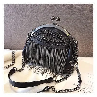 TEMU Niche Fashionable Kiss-lock Handbag, Rivets Novelty Tassel Decor Shoulder Chain Bag For Wom