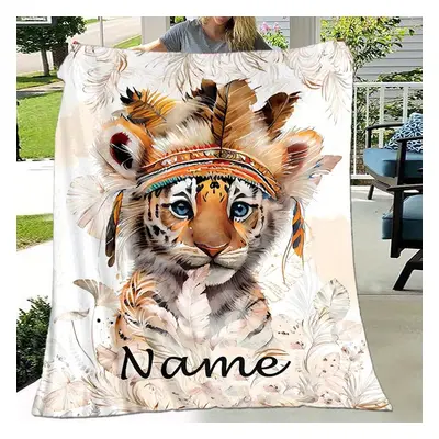 TEMU Personalized Tiger-themed Flannel Blanket With Custom Name - Soft, For Couch, Bed, Office, 