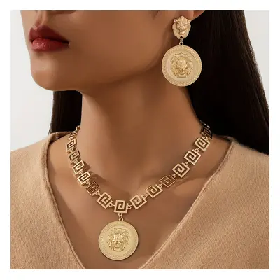 TEMU Elegant Plated Lion Head Pendant Necklace And Earring Set, Simple Zinc Alloy Jewelry For Wo