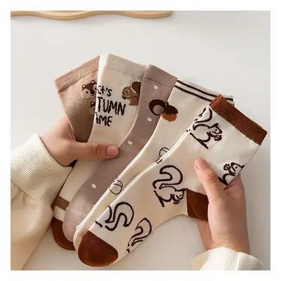 TEMU Pairs Cartoon Squirrel Print Socks, Cute College Style Mid Tube Socks For Fall & Winter, Wo