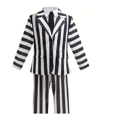 3pcs Festival Themed Party Outfit For Boys - Black And White Striped Suit Jacket, Long Pants And