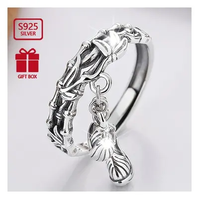 925 Sterling Silver Bamboo Pendant Open Ring Niche Design Finger Ring Jewelry Decoration