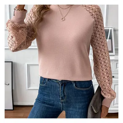 TEMU Lace Crew Neck T-shirt, Casual Solid Raglan Sleeve Top For Spring & Fall, Women's Clothing