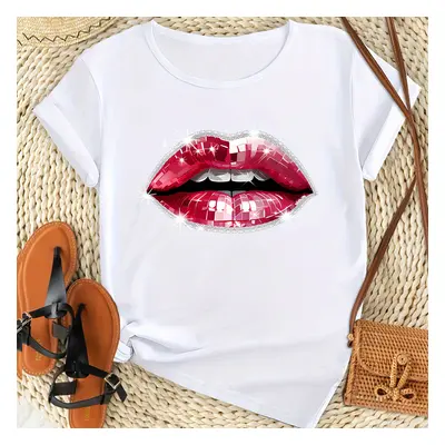 Women's Plus Size Casual Sporty T-shirt, Red Lips Print, Comfort Fit Short Sleeve Tee, Fashion B