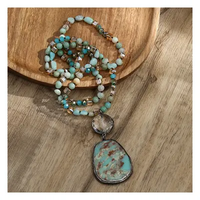 TEMU Spring New Bohemian Vintage Stone Crystal Glass Knot Necklace Glass Square Pendant Women's 