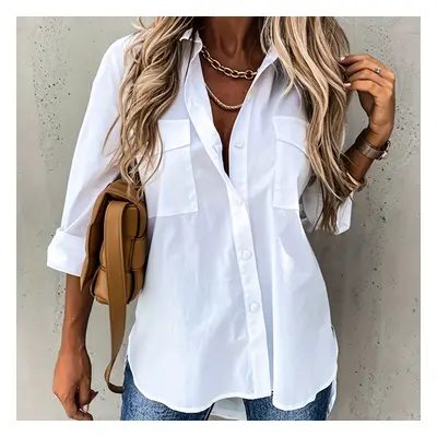 TEMU Button Front Long Sleeve Shirt, Casual Solid Office Shirt With Collar, Women's Clothing