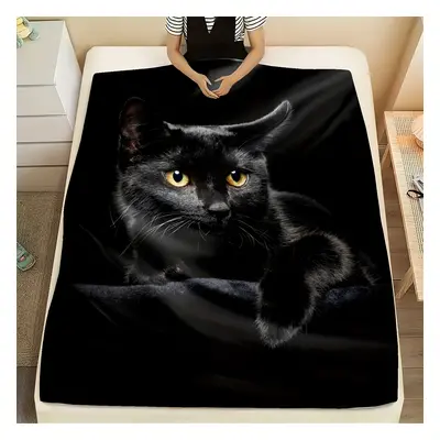 TEMU 1pc Black Cat Print Flannel Blanket, Soft Warm Throw Blanket Nap Blanket For Couch Sofa Off