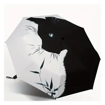 1pc Black And White Cat Pattern Folding Umbrella, Rainproof Sunshade Uv Protection Travel Umbrel