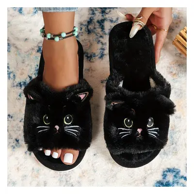 Cozy Black And White Cat Slippers For Women - Soft Fleece, Non-slip Eva Sole, Hand Wash Or Dry C