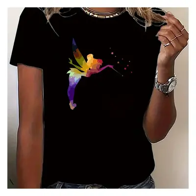 Women' T-shirt With Fairy Graphic, Casual Sporty Knit Top, Polyester, Round Neck, Stretch Fabric