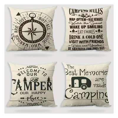 4pcs Combination Creative Camping Car Pillow Cover, Black And White Simple Printed Throw Pillow 