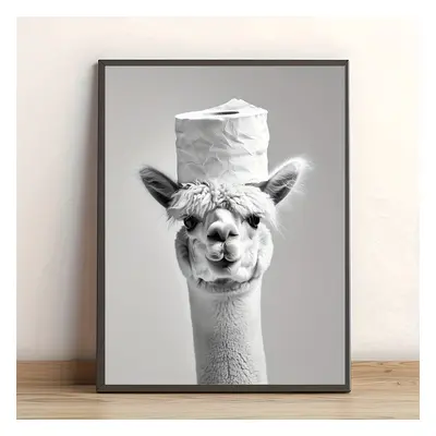 Funny Alpaca With Toilet Paper Art, 12x16" - Frameless Vintage Animal Wall Decor For Bathroom, B