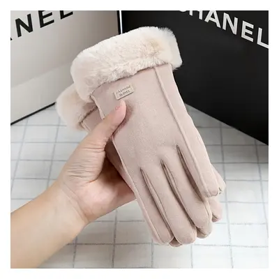 Letter Patched Plush Warm Cycling Gloves, Full Finger Windproof Fashion Winter Gloves For Women