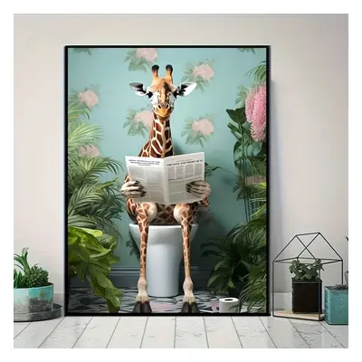 Funny Giraffe Bathroom Canvas Art, Vibrant Animal & Plant Wall Decor, Unique Minimalist Home Dec