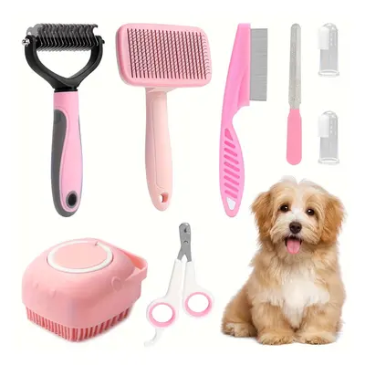 8pcs Dog Brush Grooming Set, Pet Cleaning Set With Pet Nail Clipper And File, Flea Comb, Pet Sha