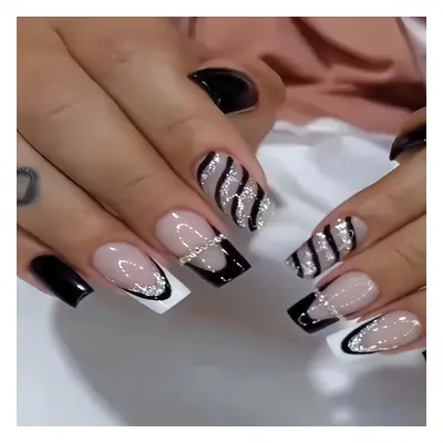 Black And White Glitter Press On Nails With Rhinestones - 24pcs Square Shape Middle Length Gloss