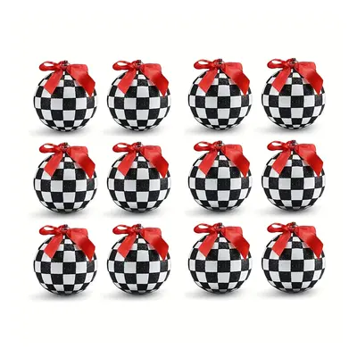 12pcs Black And White Ornaments - Glittered Black And White Checkered Ball Ornament With Red Bow