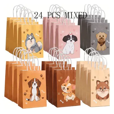 TEMU Pack Dog-themed Paper Tote Bags With Handles, Assorted Puppy Print Goodie Bags For Party Fa