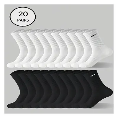 20 Pairs Of Women's Mid-calf Socks - Black And White Stripes, Polyester Blend, Machine Washable,